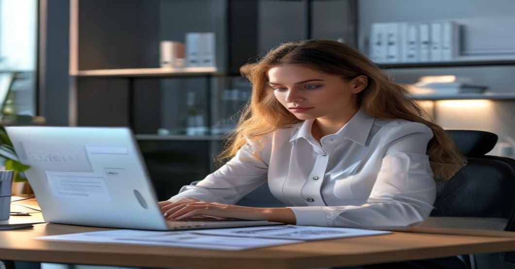 Austrian accountant at modern desk reviewing Peppol e-invoice compliance checklist on laptop screen