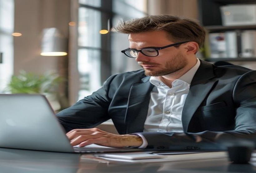 Small business owner in Vienna Austria office reviewing e-invoicing software on laptop, professional setting