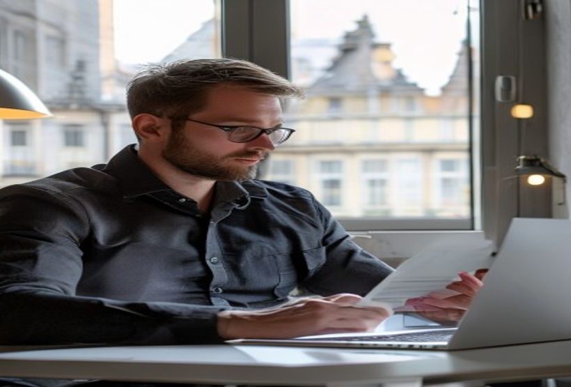 Male IT professional in Austria Vienna office reviewing XML e-invoice software on laptop, professional corporate setting
