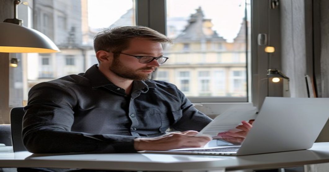 Male IT professional in Austria Vienna office reviewing XML e-invoice software on laptop, professional corporate setting
