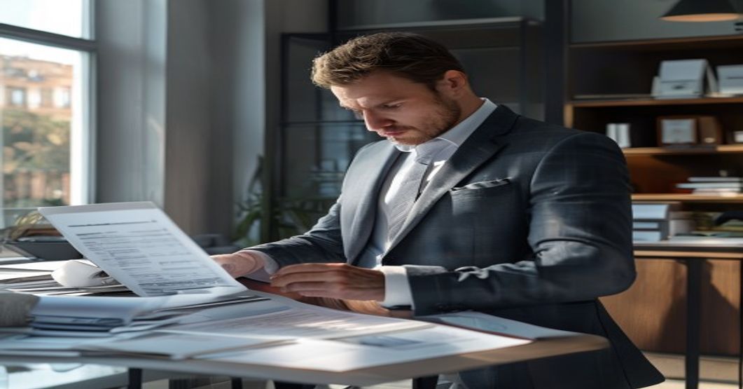 Austrian finance professional reviewing invoice format document at professional office desk crisp corporate setting