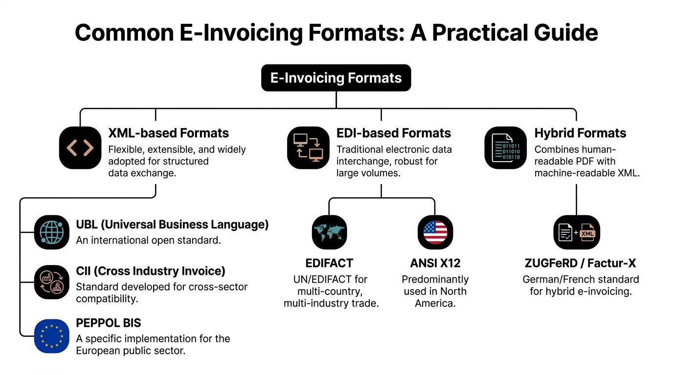 A diagram categorizing e-invoicing formats into XML-based, EDI-based, and hybrid types with specific examples like UBL and EDIFACT.