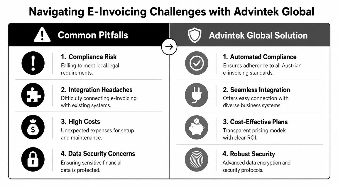An infographic showing common e-invoicing challenges contrasted with Advintek Global solutions for business compliance and security.