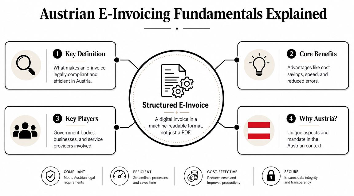 An infographic titled Austrian E-Invoicing Fundamentals explaining the requirements, benefits, and key players of electronic invoicing in Austria.