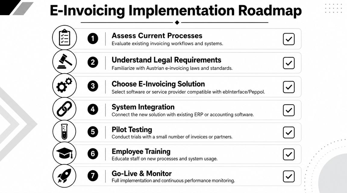 A seven-step E-Invoicing Implementation Roadmap infographic displaying the process from assessing workflows to final monitoring.