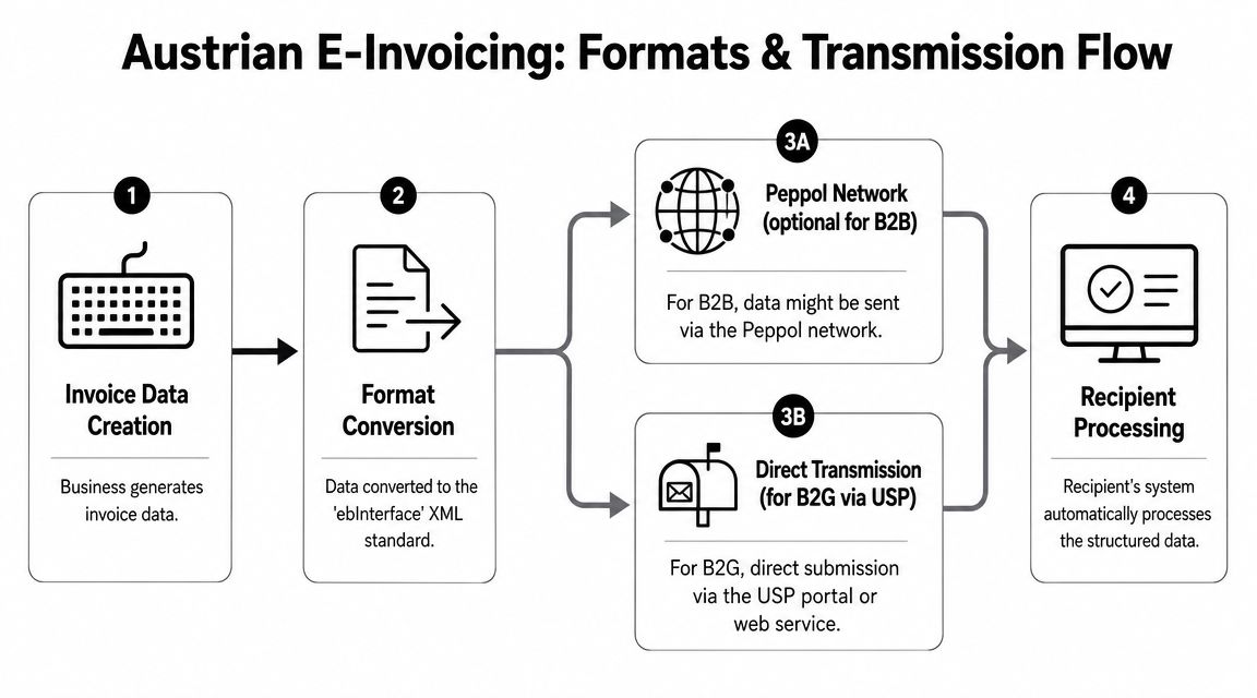 A diagram illustrating the workflow of Austrian electronic invoicing, including format conversion and transmission options.
